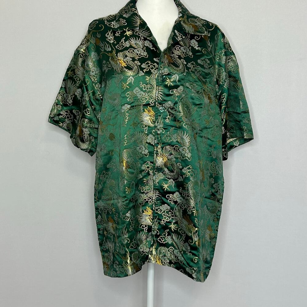 OQO Green Dragon Brocade Button Front Shirt Jacket Size L Asian Jacquard